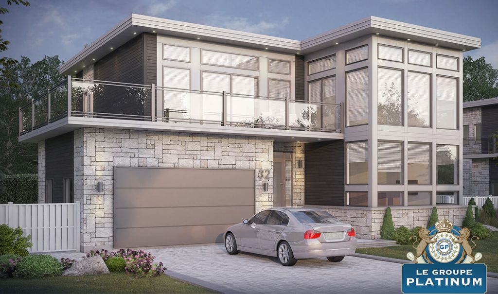 Maison moderne grise avec voiture dans l'entrée
