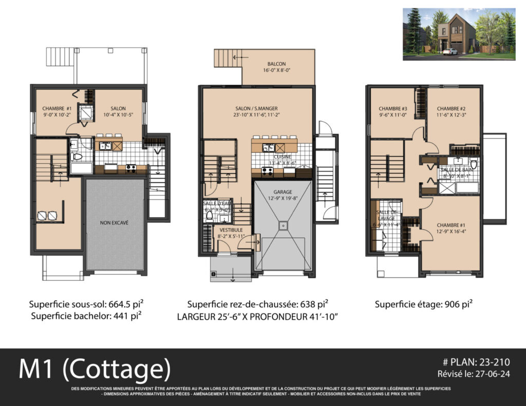 Plans de plancher du modèle de cottage M1 - maison neuve à Mirabel St-Augustin